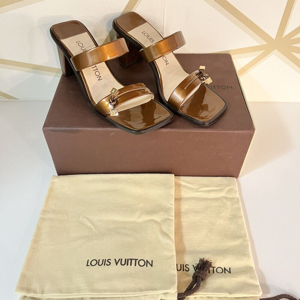 Louis Vuitton Patent Leather Brown Slip On Tassels Sandals Block Heels SZ 36.5
